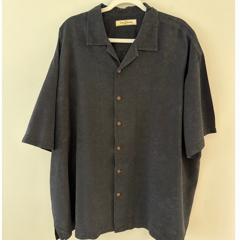 Tommy Bahama‎ Mens 3XB Black 100% Silk Jacquard Floral Camp Shirt Short Sleeve
